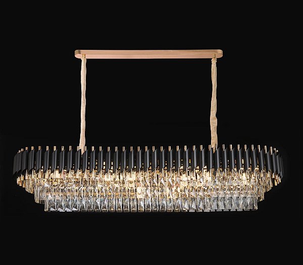 Pendente de Teto 118x35x29cm com 16 Lâmpadas E14, Metal Preto e Cristal Transparente
