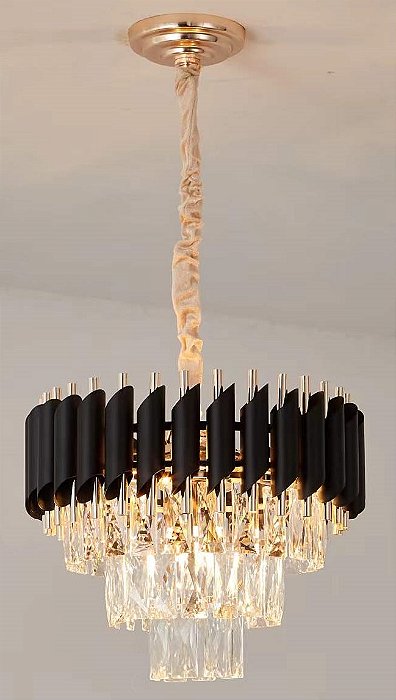 Pendente de Cristal Redondo Ø40x29cm para 5 Lâmpadas E14 em Metal Preto e Cristal Transparente