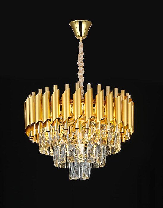 Pendente de Metal Dourado e Cristal Transparente 40x29cm para 5 Lâmpadas E14