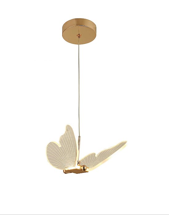 Pendente Mini Borboleta 24×18cm 8W 800lm 3000K Bivolt Metal Dourado e Acrílico com Cabo de 2m