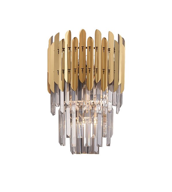 Arandela de Parede 27×41cm Inox Dourado com Cristal Transparente para 2 Lâmpadas E14