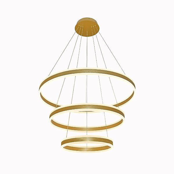 Pendente LED Circular Triplo 226W 3000K Bivolt Alumínio Escovado Dourado com Acrílico e Cabo de 4m