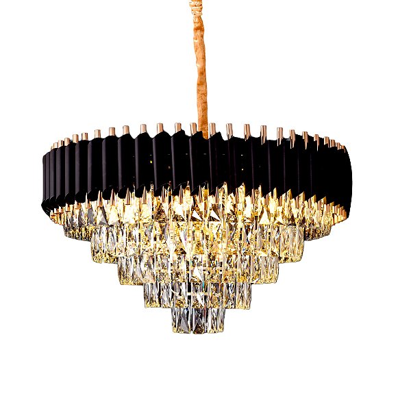 Pendente de Cristal Transparente com 9 Lâmpadas E14 e Estrutura Metálica Preta - 55×36CM