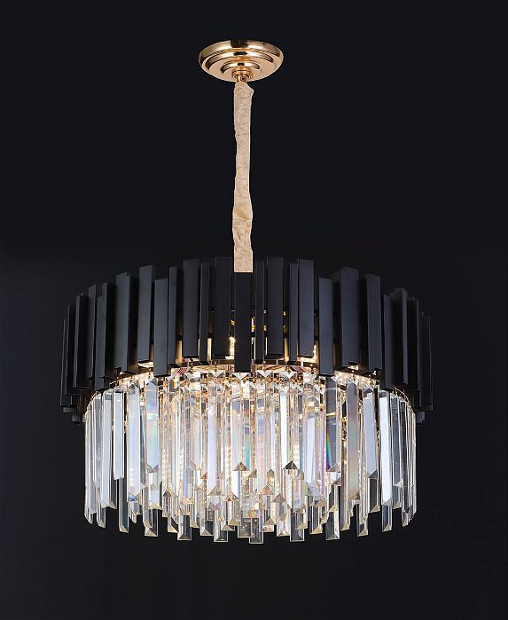 Pendente Redondo Ø52x33cm 9xE14 Metal Preto e Cristal Transparente