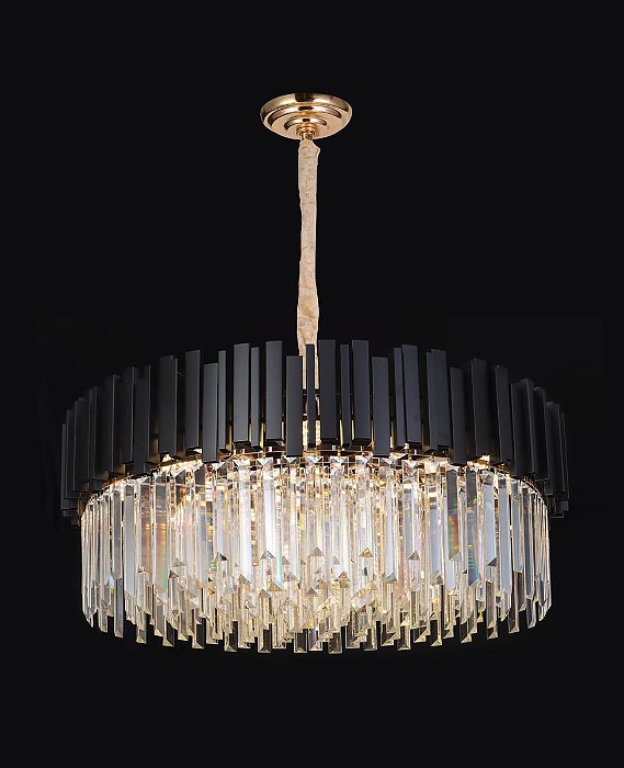 Pendente de Metal Preto com Cristais Transparentes 72x43cm para 15 Lâmpadas E14