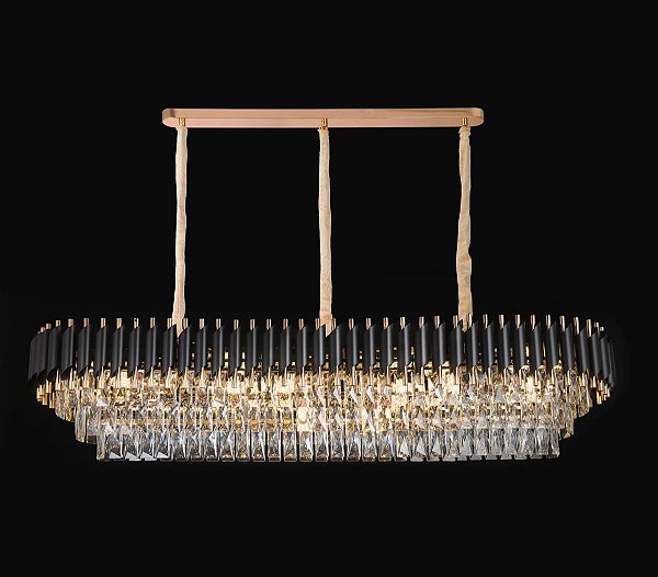 Pendente Retangular 140x35x29CM para 24 Lâmpadas E14 em Metal Preto e Cristal Transparente com Fio de 2M e Corrente de 1M