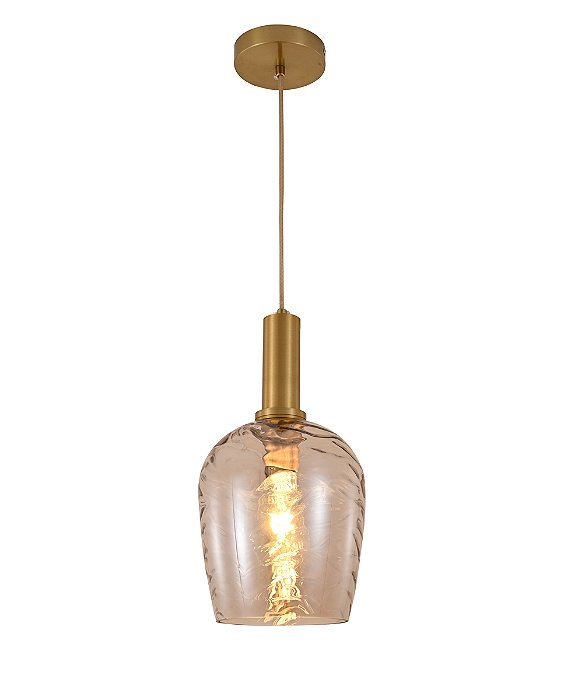 Pendente de Metal Bronze e Vidro Conhaque 18×24CM com Soquete E27 e Cabo de 2M