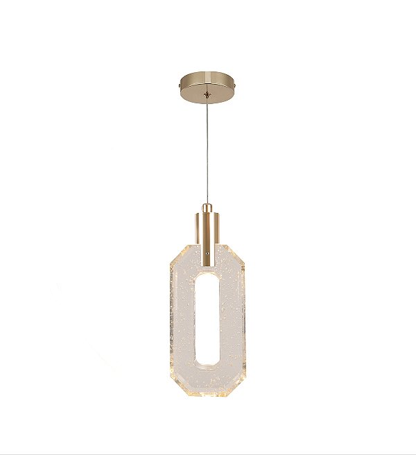 Pendente LED 10×24CM 5W 500LM 3000K Bivolt Metal Dourado e Cristal com Cabo de 2M