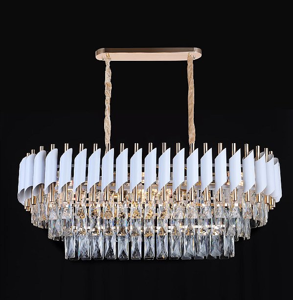 Pendente de Metal Branco com Cristais Transparentes 75×35cm para 8 Lâmpadas E14