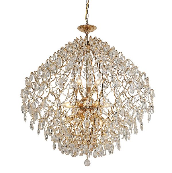 Pendente de Cristal Transparente com 21 Lâmpadas E14 e Estrutura Metálica Dourada de 80cm de Diâmetro