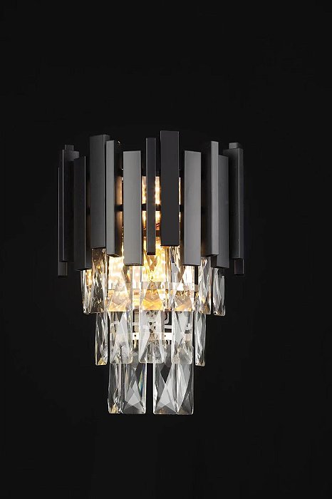 Arandela de Metal Preto e Cristal Transparente para 2 Lâmpadas E14 30×21cm