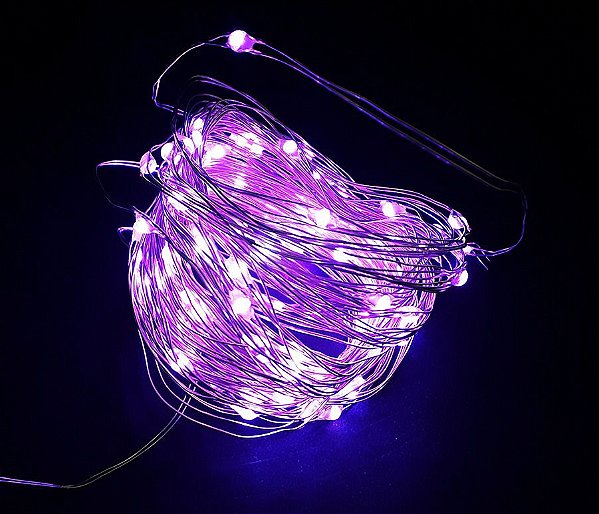 Cordão De Cobre 100 LEDs Fio de Fada 10 Metros Roxo Pilha e USB
