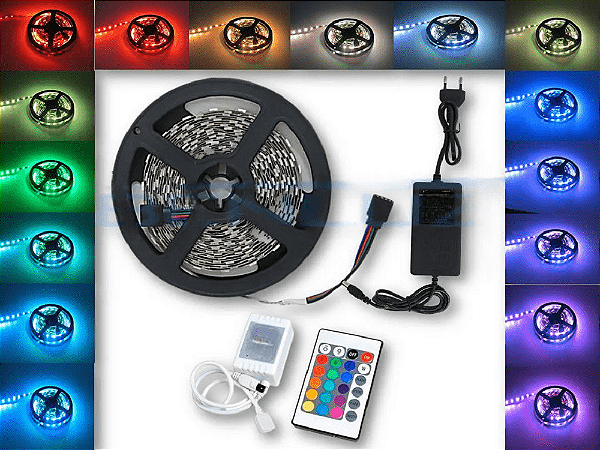 Kit de Fita LED 5050 RGB 5m 12V sem Silicone com Fonte 3A e Controle