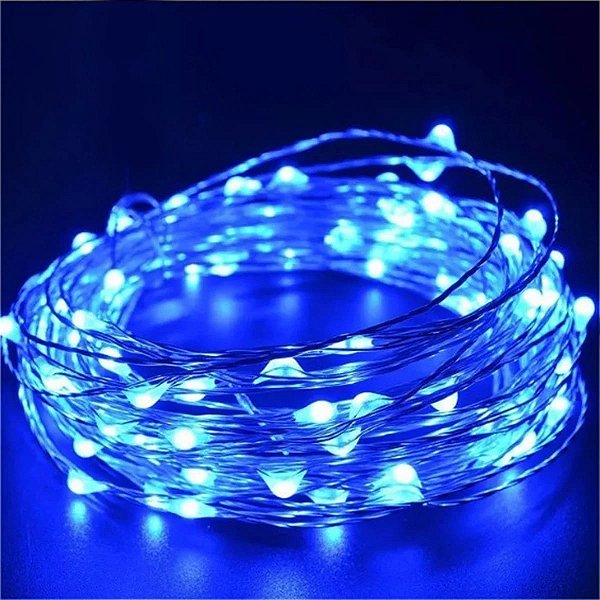Kit com 1000 Fio de Fada Cordão Cobre 10 LED 1M Azul Bateria