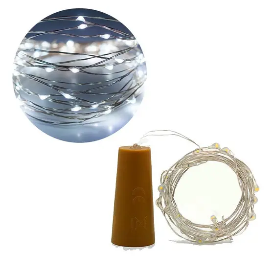Kit com 1000 Fio de Fada Cordão Cobre 20 LED 2M Branco Frio Bateria com Rolha
