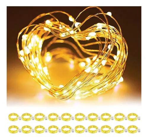 Kit com 1000 Fio de Fada Cordão Cobre 20 LED 2M Branco Quente Bateria