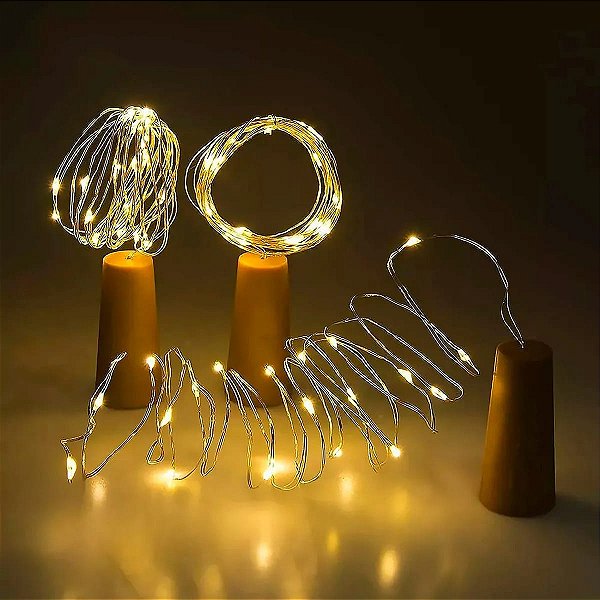 Kit com 1000 Fio de Fada Cordão Cobre Rolha 20 LED 2M Fixo Bateria Amarelo