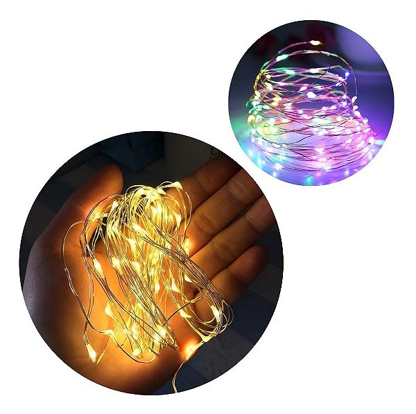 Kit com 200 Fio de Fada Cordão Cobre 30 LED 3M Colorido Pilha AA