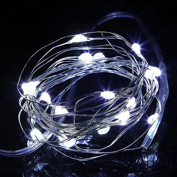 Kit com 200 Fio de Fada Cordão Cobre 30 LED 3M Branco Frio Fixo Pilha AA