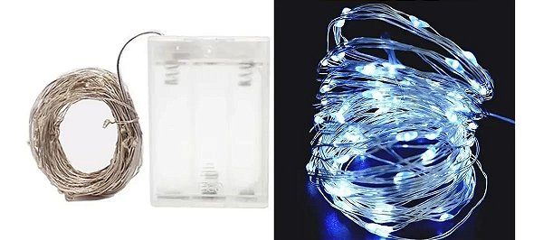 Kit com 200 Fio de Fada Cordão Cobre 50 LED 5M Pilha AA Branco Frio