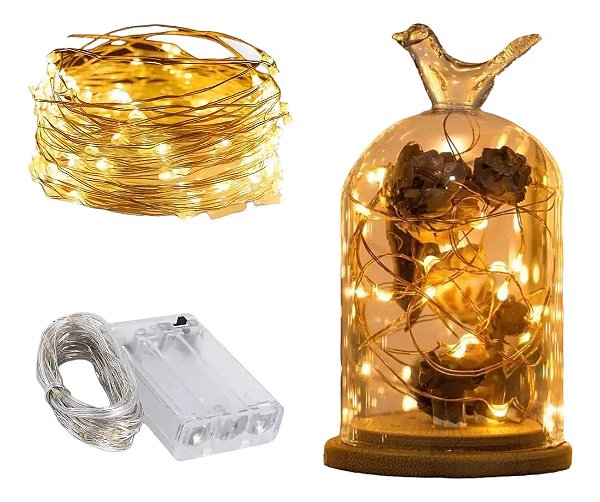 Kit com 200 Fio de Fada Cordão Cobre 50 LED 5M Pilha AA Branco Quente