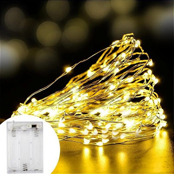 Kit com 200 Fio de Fada Cordão Cobre 50 LED 5M Pilha AA Branco Quente