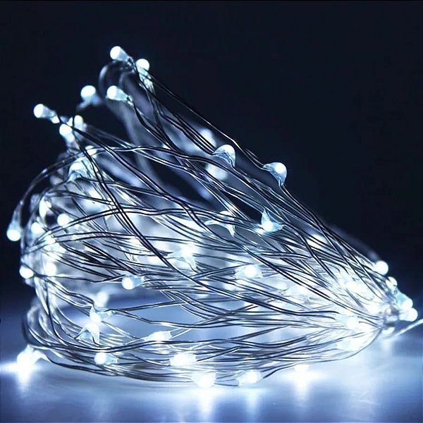 Kit com 200 Fio de Fada Fixo Cordão Cobre 100 LED 10M USB Branco Frio
