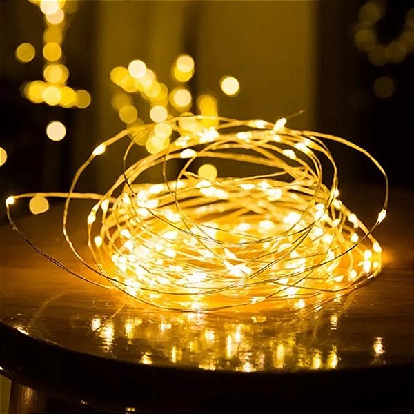 Kit com 200 Fio de Fada Cordão Cobre 100 LED 10M Branco Quente 8 Funções Controle USB