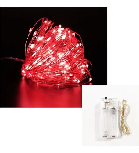 Kit com 200 Fio de Fada Cordão Cobre 100 LED 10M Pilha AA Vermelho