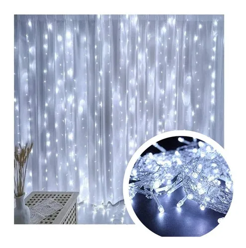 Kit com 100 Fio de Fada Cortina Fixa Cobre 300 LEDs 3x2M Branco Frio