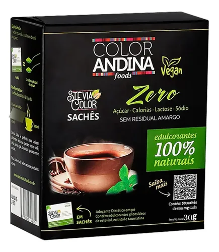Adocante Stevia Sache Color Andina Com 50 saches de 600mg
