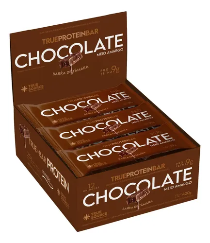 BARRINHA DE TAMARA TRUE BAR PROTEIN SABOR CHOCOLATE MEIO AMARGO DISPLAY C/ 12UNID 420G