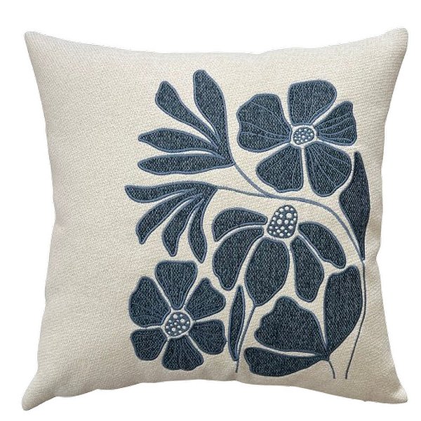 Almofada Bordada em Linho 52x52 - Flora Azul