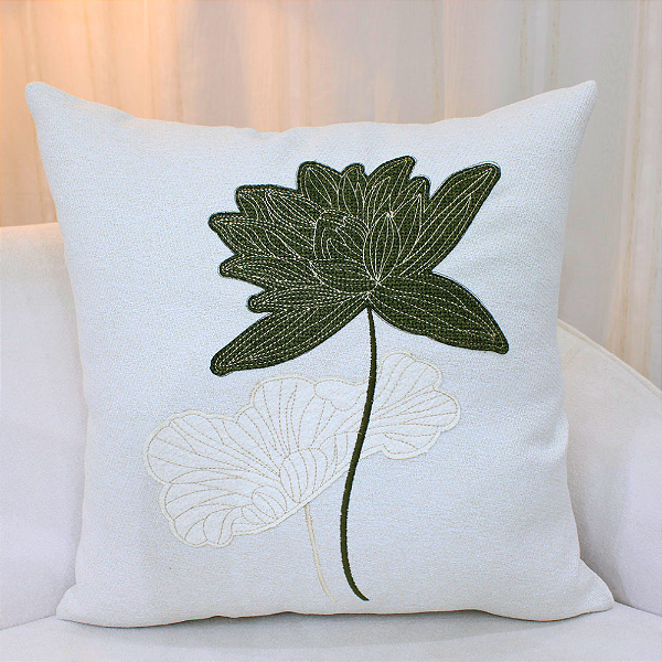 Almofada Bordada em Linho 52x52 Lotus Botânico Verde/Cru