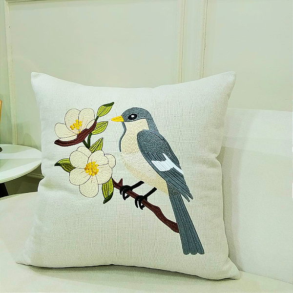 Almofada Bordada em Linho 52x52 - Andorinha em Flor