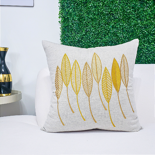 Almofada Bordada em Linho 52x52 - Oito Folhas