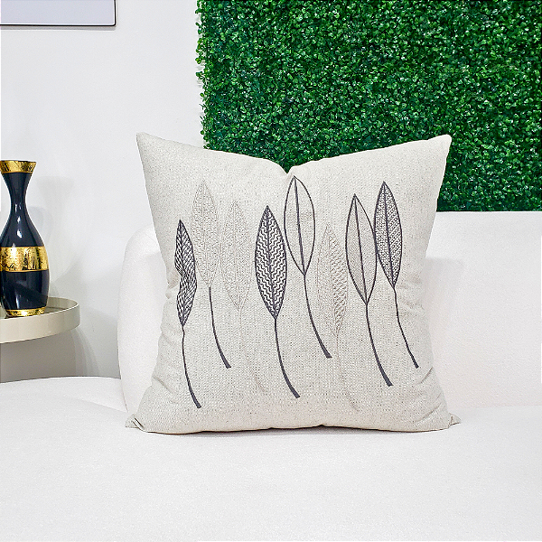 Almofada Bordada em Linho 52x52 - Oito Folhas Cinza