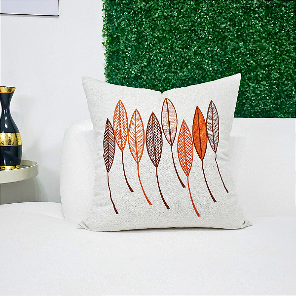 Almofada Bordada em Linho 52x52 - Oito Folhas Terracota