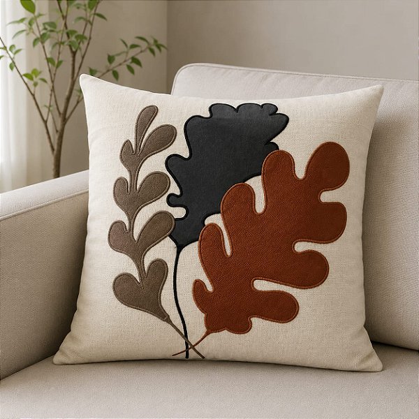 Almofada Bordada em Linho 52x52 - Tri-Folhas Terra/Azu/Bege