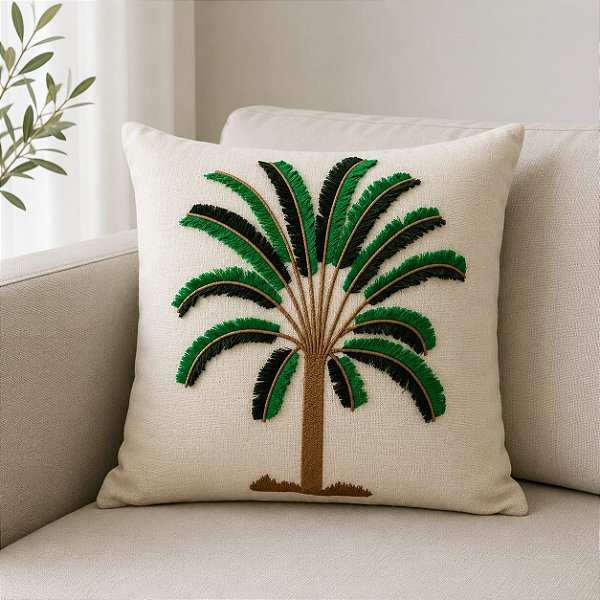 Almofada Bordada em Linho 52x52 - Coqueiro Verde