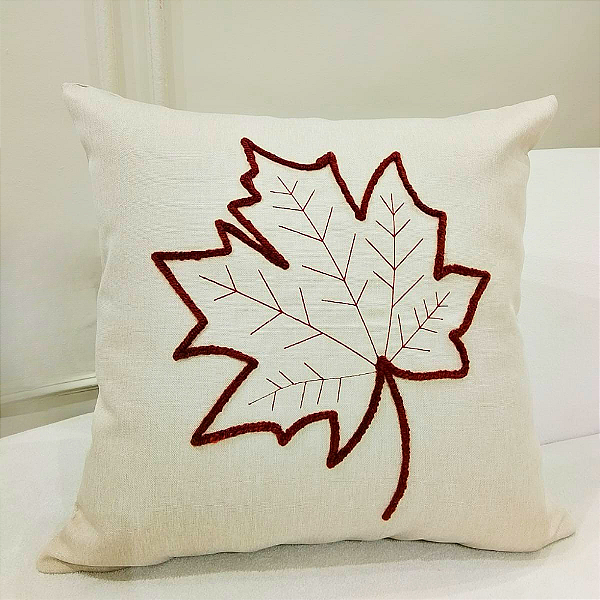 Almofada Bordada em Linho 52x52 - Folhas Secas Terracota