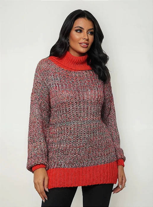 Blusa Tricot Mesclada Gola Alta - Tam. Único - Veste do PP ao GG