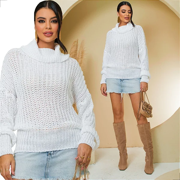 Suéter Tricot Inverno com Gola Alta - Tam. Único - Veste do 36 ao 44 - Cor Branco
