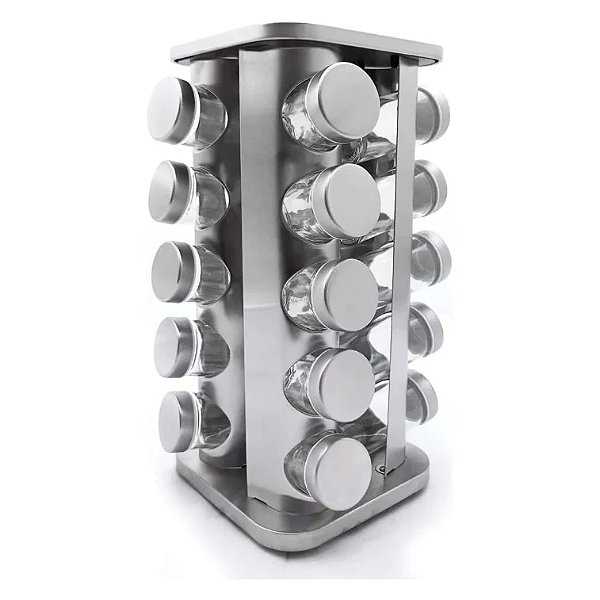 Porta temperos giratório de aço inoxidável com 20 potes de vidro