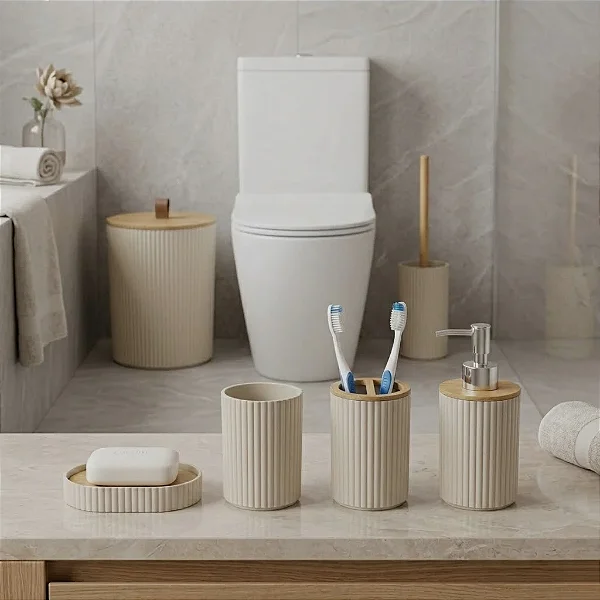 Kit Para Banheiro ou Lavabo Luxoso 4 ou 6 Peças Preto ou Branco Com Bambu Moderno Elegante