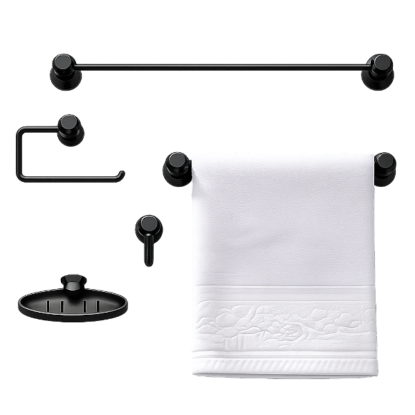 Kit Banheiro Acessórios 5 Peças Completo Toalheiro Saboneteira Decoração Preto Branco Cromado Decor