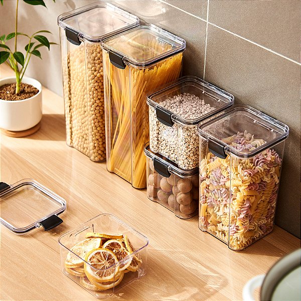 Frascos de plástico selados para cozinha, organizador de armazenamento de grãos,