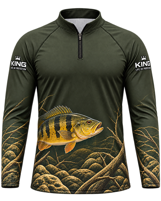 CAMISETA DE PESCA KING BRASIL COM PROTEÇÃO UV 50+ - TUCUNARÉ OLIVA - KD00768