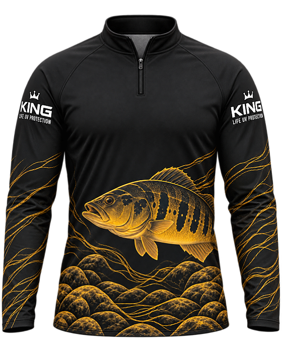CAMISETA DE PESCA KING BRASIL COM PROTEÇÃO UV 50+ - TUCUNARÉ PRETO & OURO - KD00774
