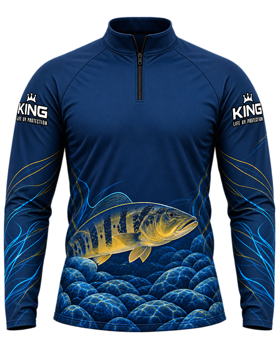 CAMISETA DE PESCA KING BRASIL COM PROTEÇÃO UV 50+ - TUCUNARÉ PRETO & OURO - KD00774
